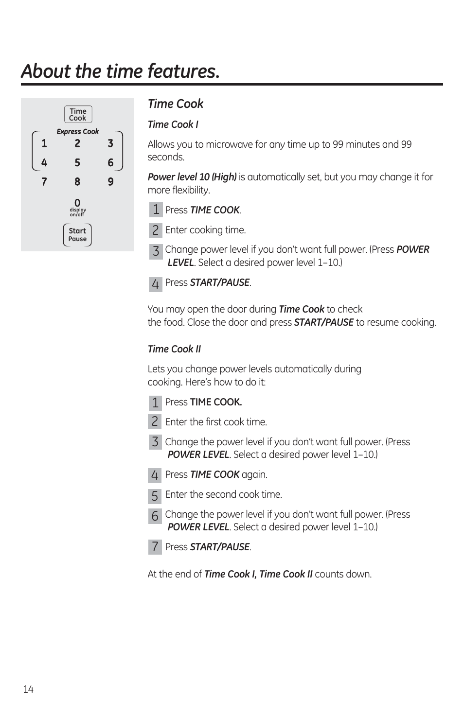 Time cook, About the time features | GE JES1460DSBB User Manual | Page 14 / 72