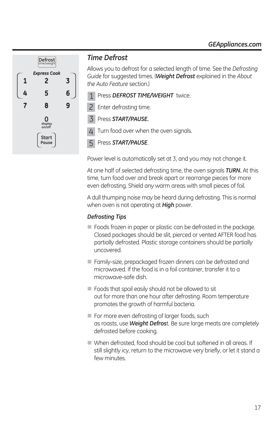 Time defrost, Press defrost time/weight twice, Press start/pause | Defrosting tips | GE JES1460DSBB User Manual | Page 17 / 72