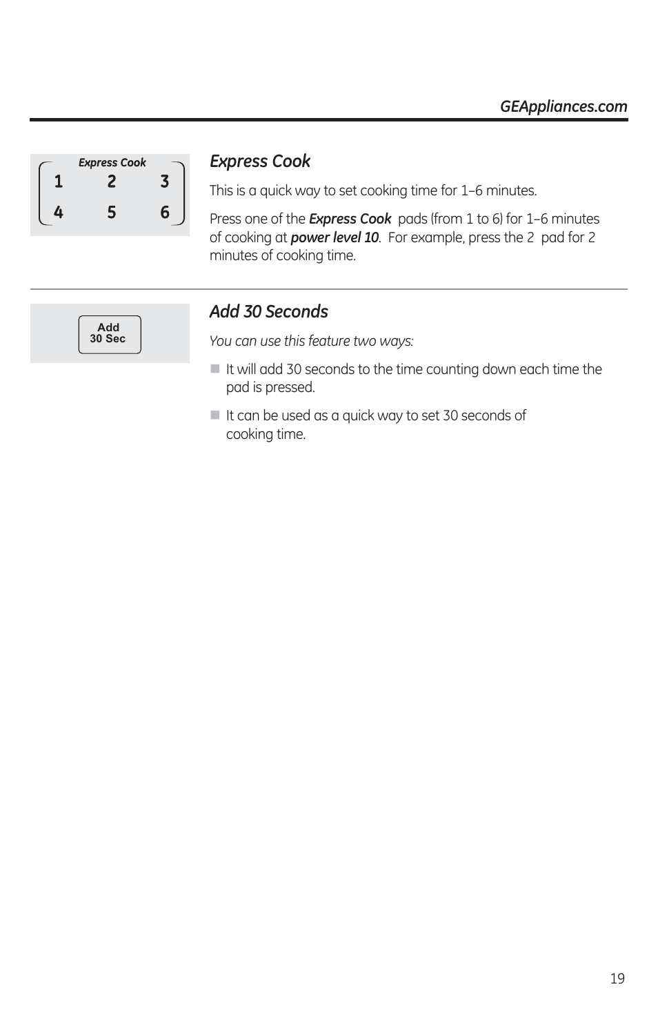 Express cook, Add 30 seconds | GE JES1460DSBB User Manual | Page 19 / 72