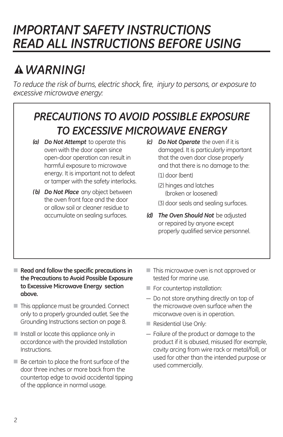 A warning, Warning | GE JES1460DSBB User Manual | Page 2 / 72