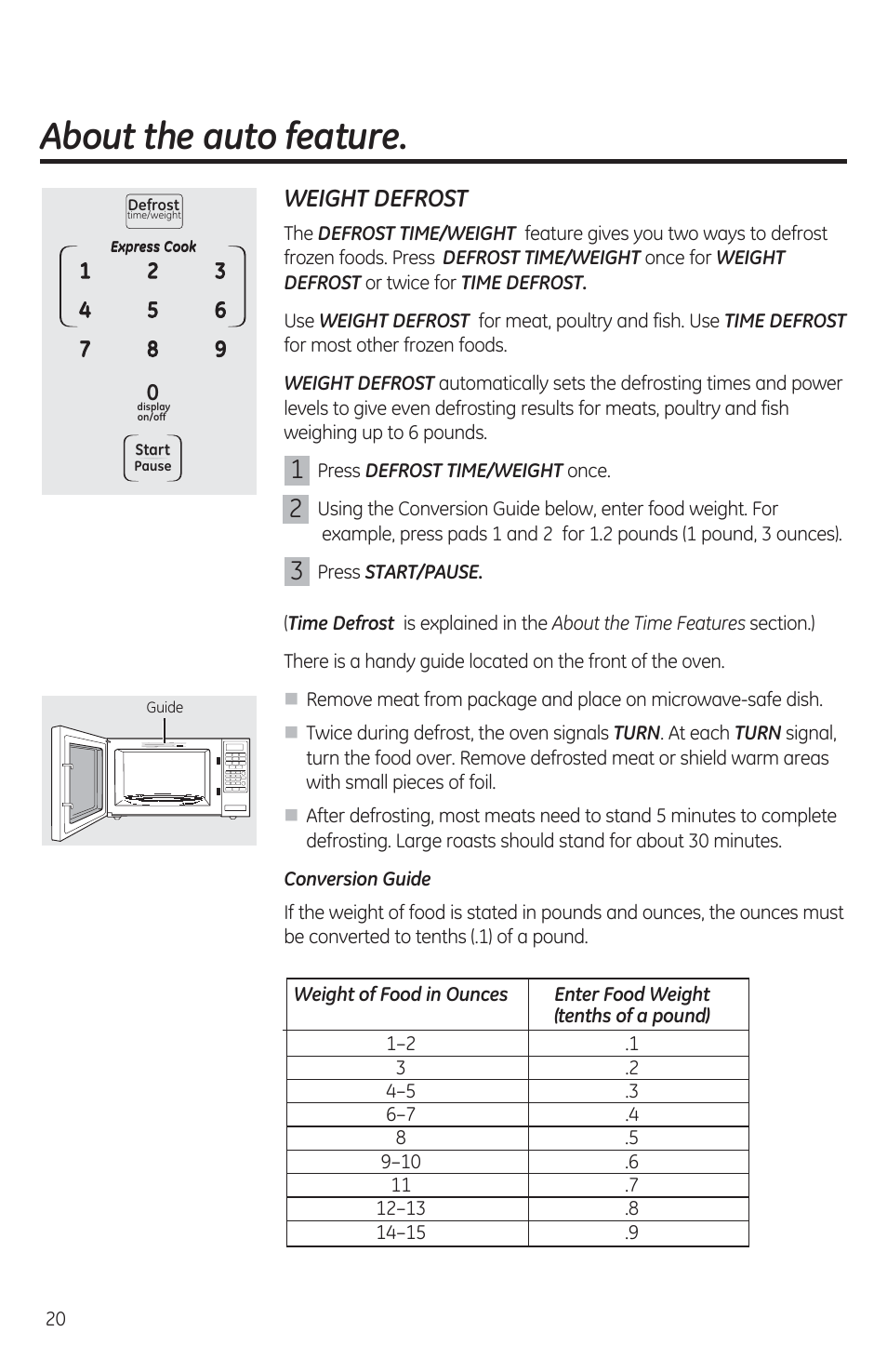 Weight defrost, About the auto feature | GE JES1460DSBB User Manual | Page 20 / 72