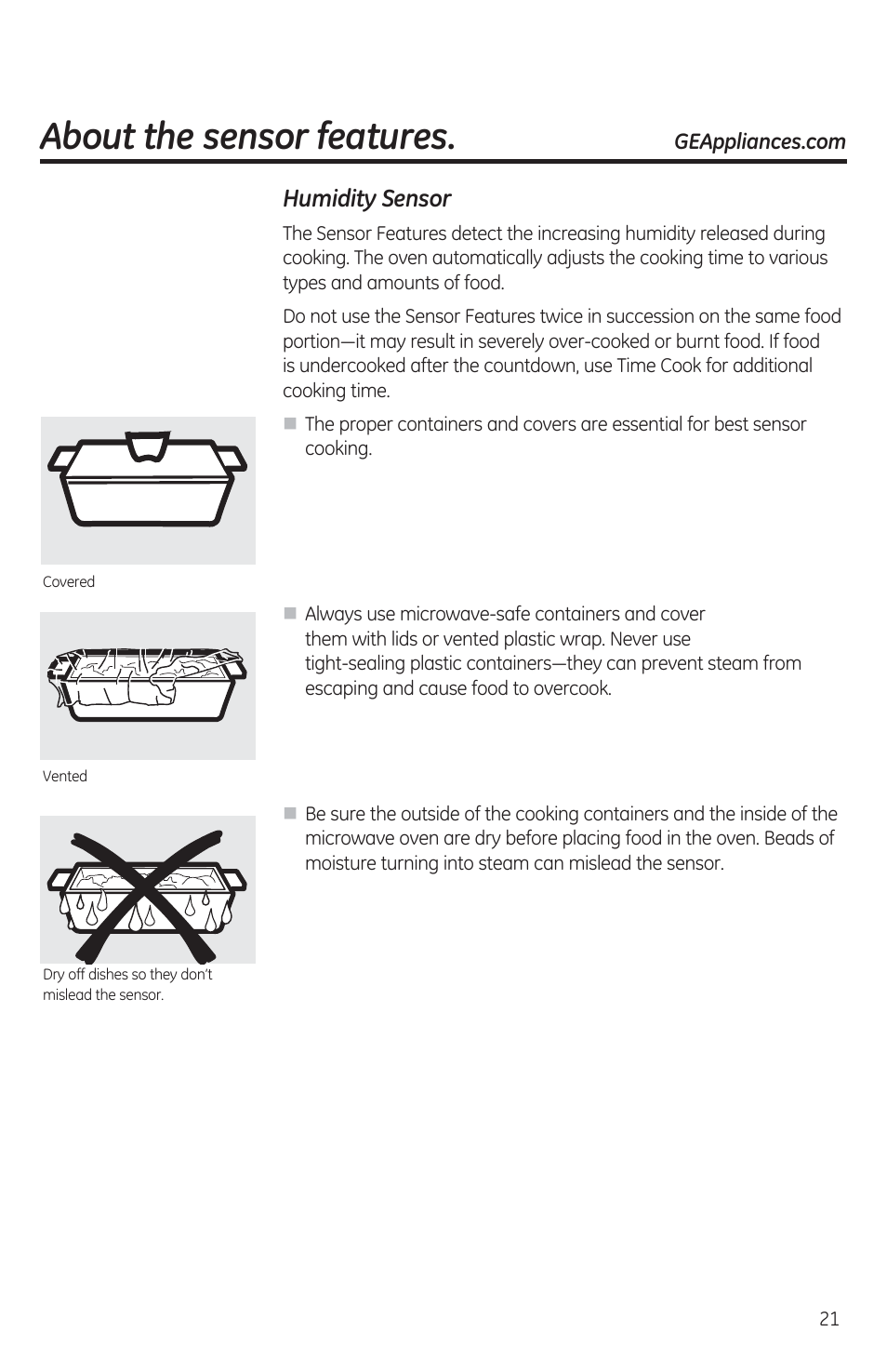 Humidity sensor, About the sensor features | GE JES1460DSBB User Manual | Page 21 / 72