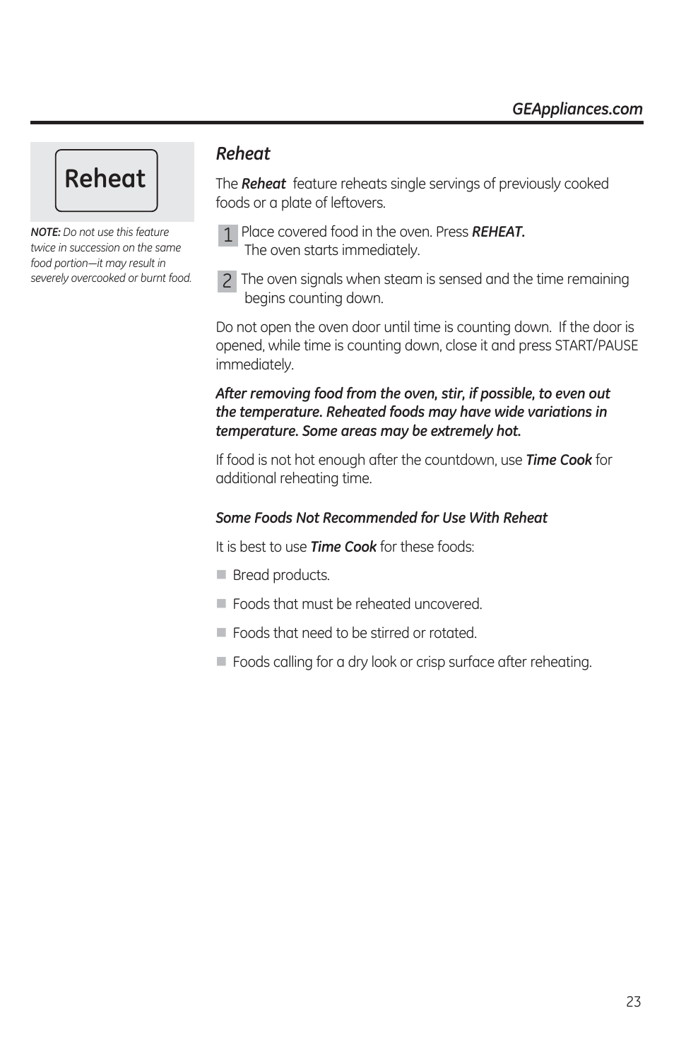 Reheat, Some eoods not recommended for use with reheat | GE JES1460DSBB User Manual | Page 23 / 72