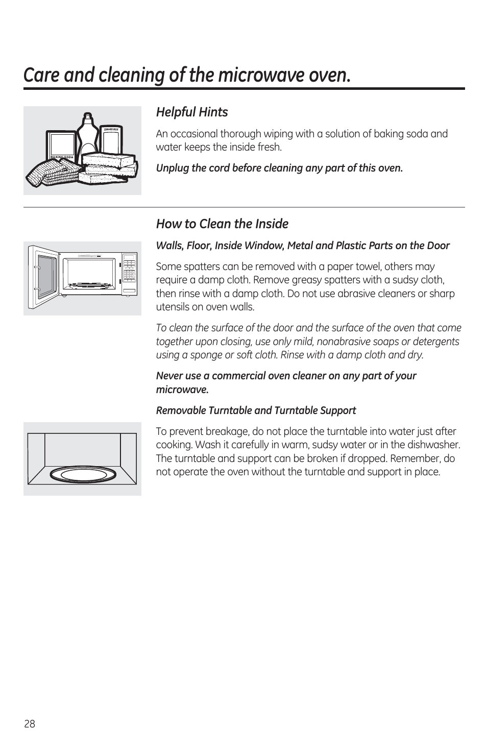 Care and cleaning of the microwave oven, Helpful hints, How to clean the inside | GE JES1460DSBB User Manual | Page 28 / 72