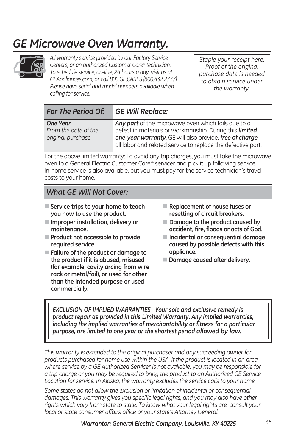 What ge will not cover, Ge microwave oven warranty | GE JES1460DSBB User Manual | Page 35 / 72