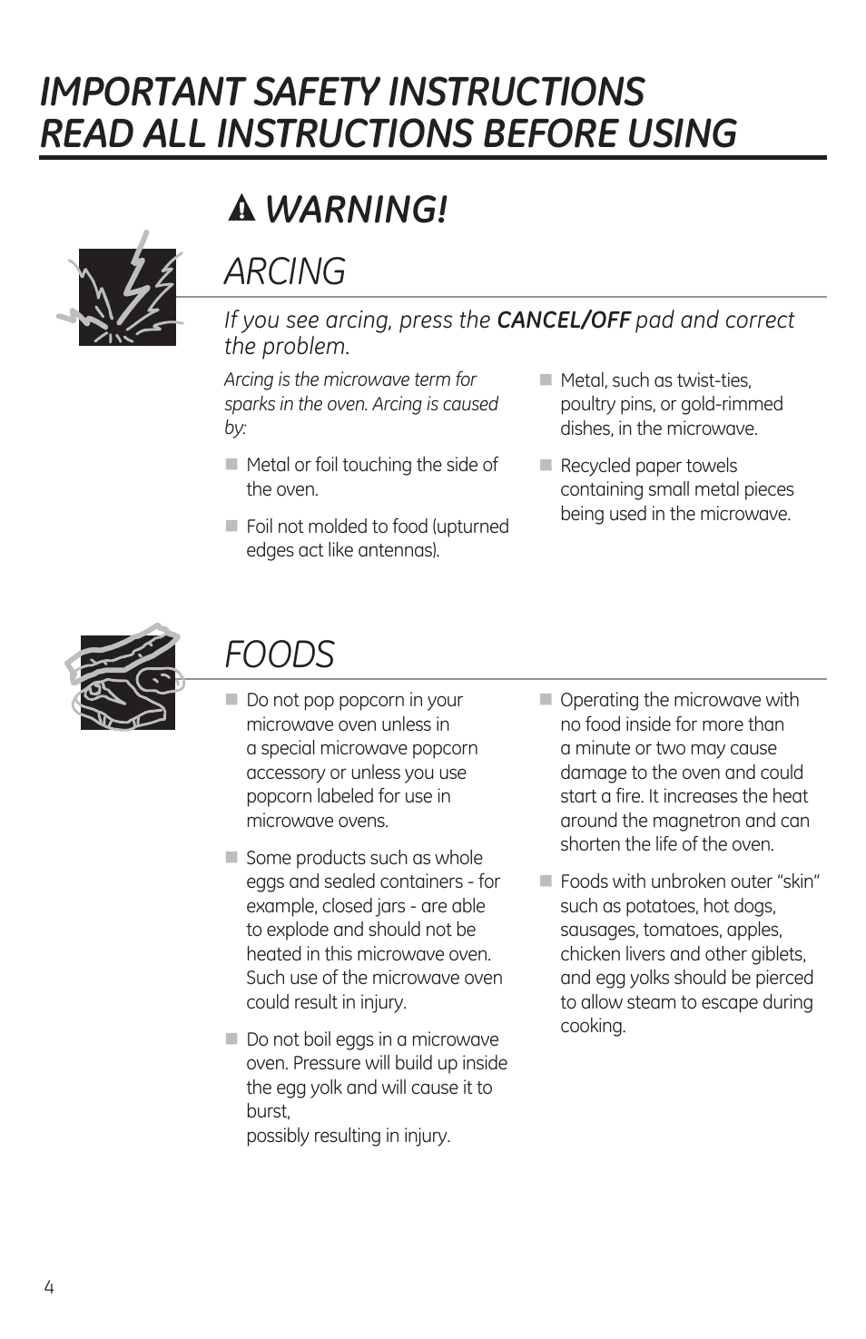 A warning, Arcing, Warning | I foods | GE JES1460DSBB User Manual | Page 4 / 72