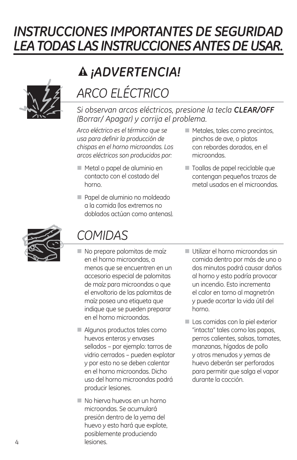 A ¡advertencia, Arco eléctrico, Comidas | GE JES1460DSBB User Manual | Page 40 / 72