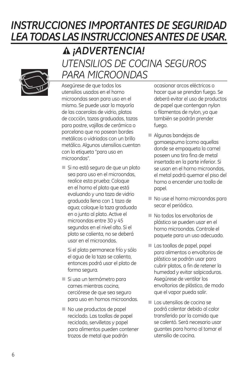A ¡advertencia, Utensilios de cocina seguros para microondas | GE JES1460DSBB User Manual | Page 42 / 72