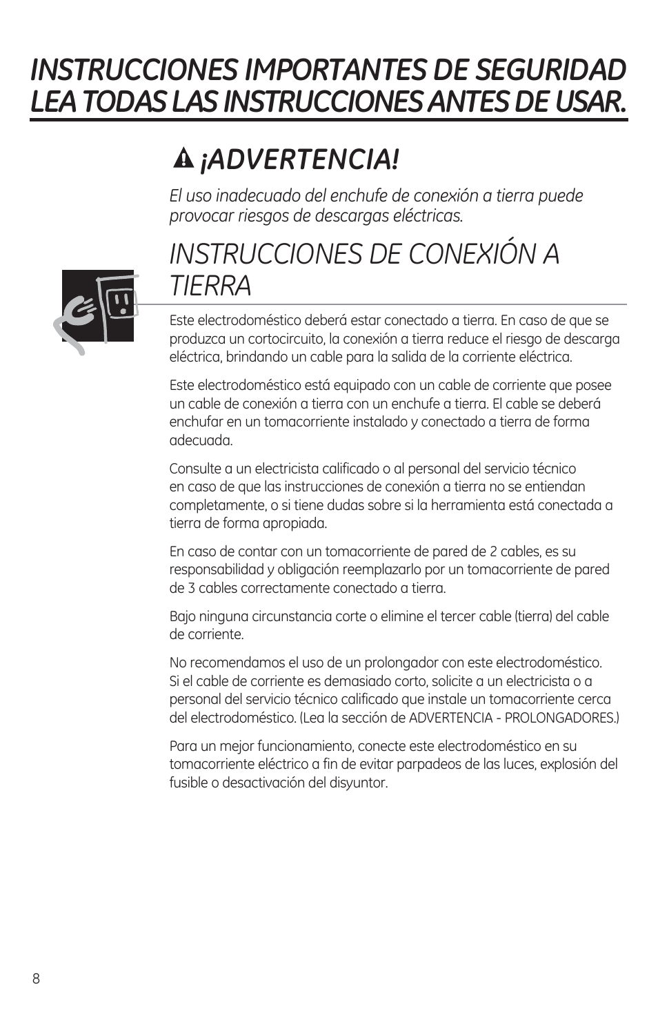 A ¡advertencia, Instrucciones de conexión a tierra | GE JES1460DSBB User Manual | Page 44 / 72