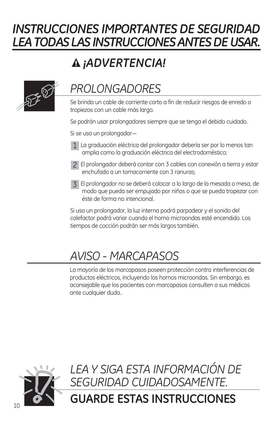 A ¡advertencia, Prolongadores, Aviso - marcapasos | GE JES1460DSBB User Manual | Page 46 / 72