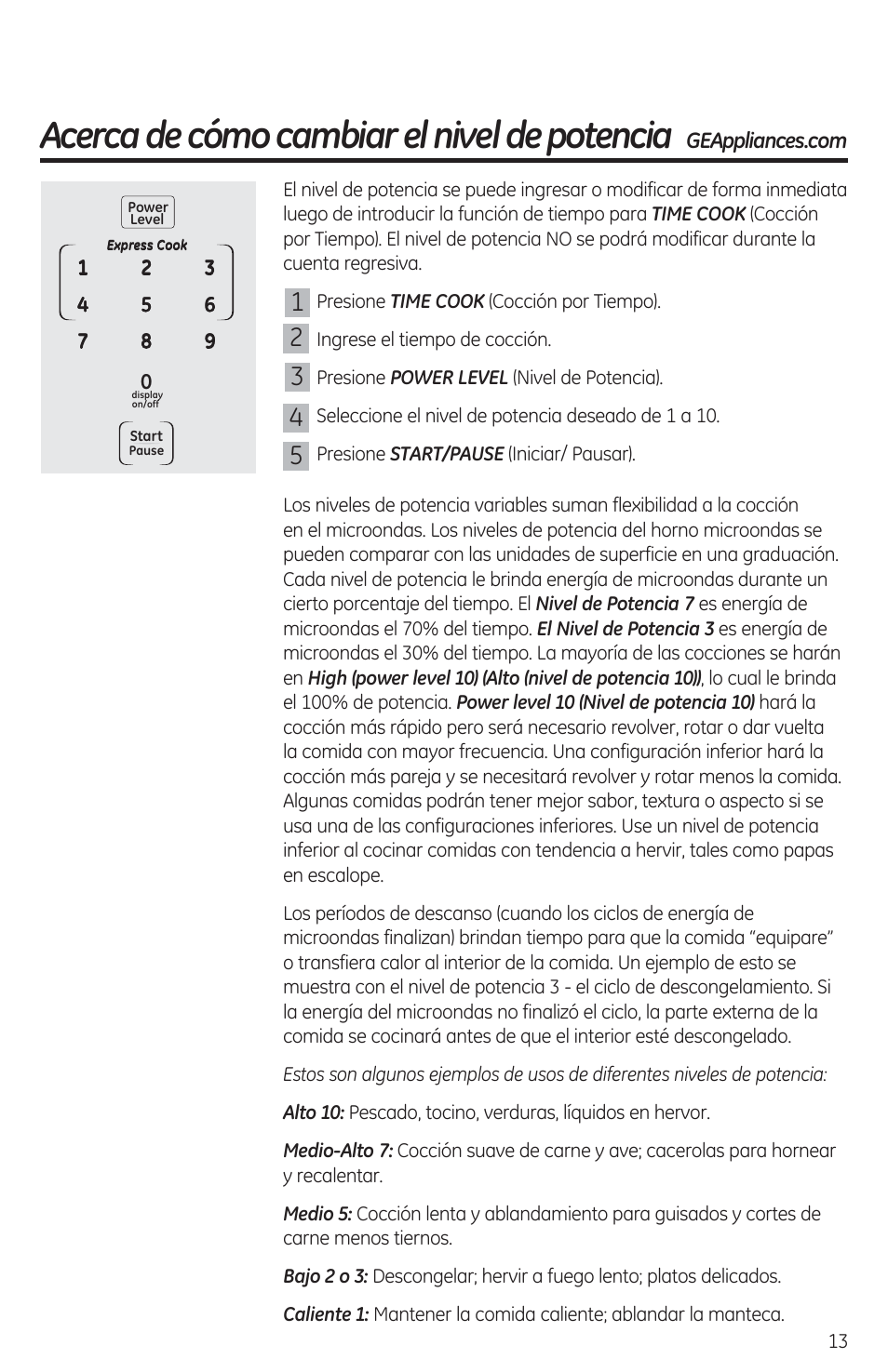 Acerca de cómo cambiar el nivel de potencia | GE JES1460DSBB User Manual | Page 49 / 72