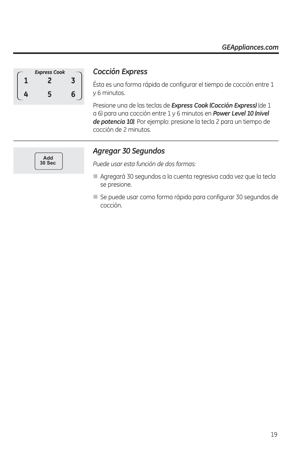 Cocción express, Agregar 30 segundos | GE JES1460DSBB User Manual | Page 55 / 72