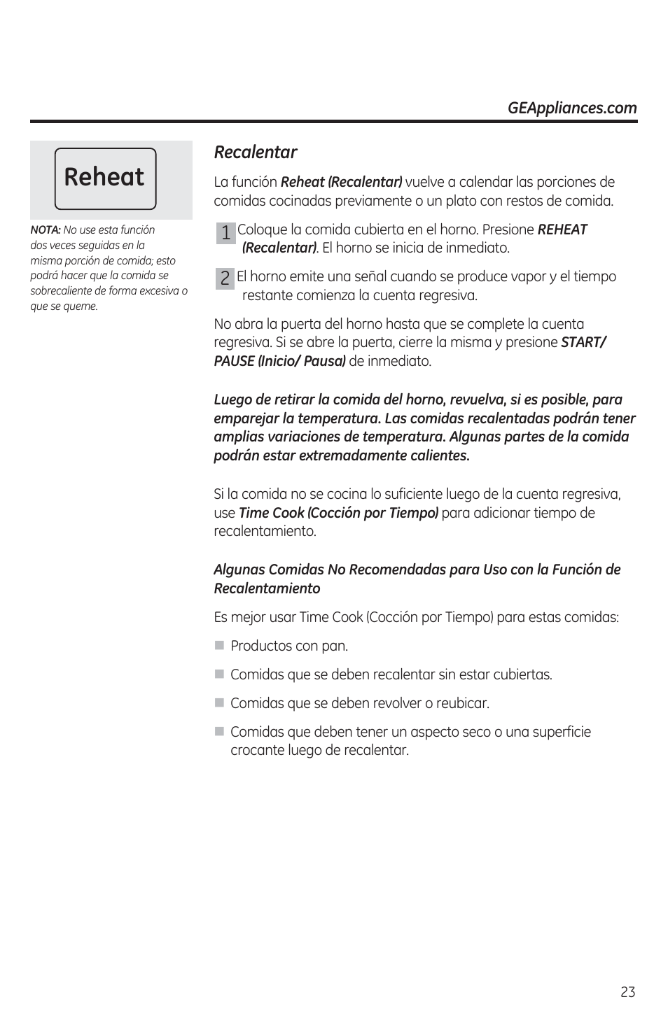 Recalentar, Reheat | GE JES1460DSBB User Manual | Page 59 / 72