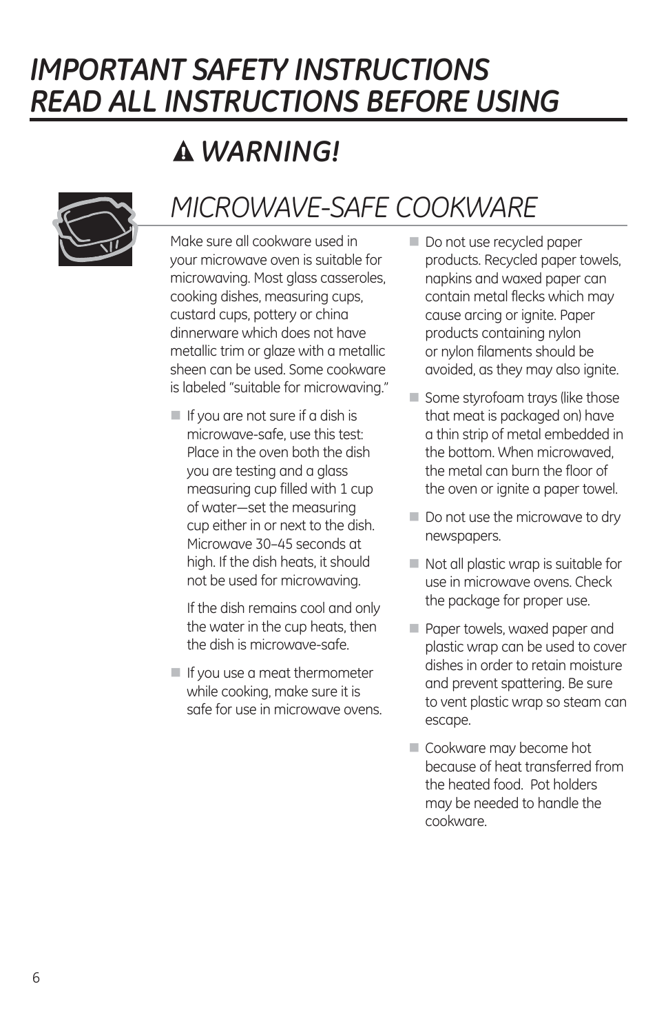 A warning, Microwave-safe cookware, Warning | GE JES1460DSBB User Manual | Page 6 / 72