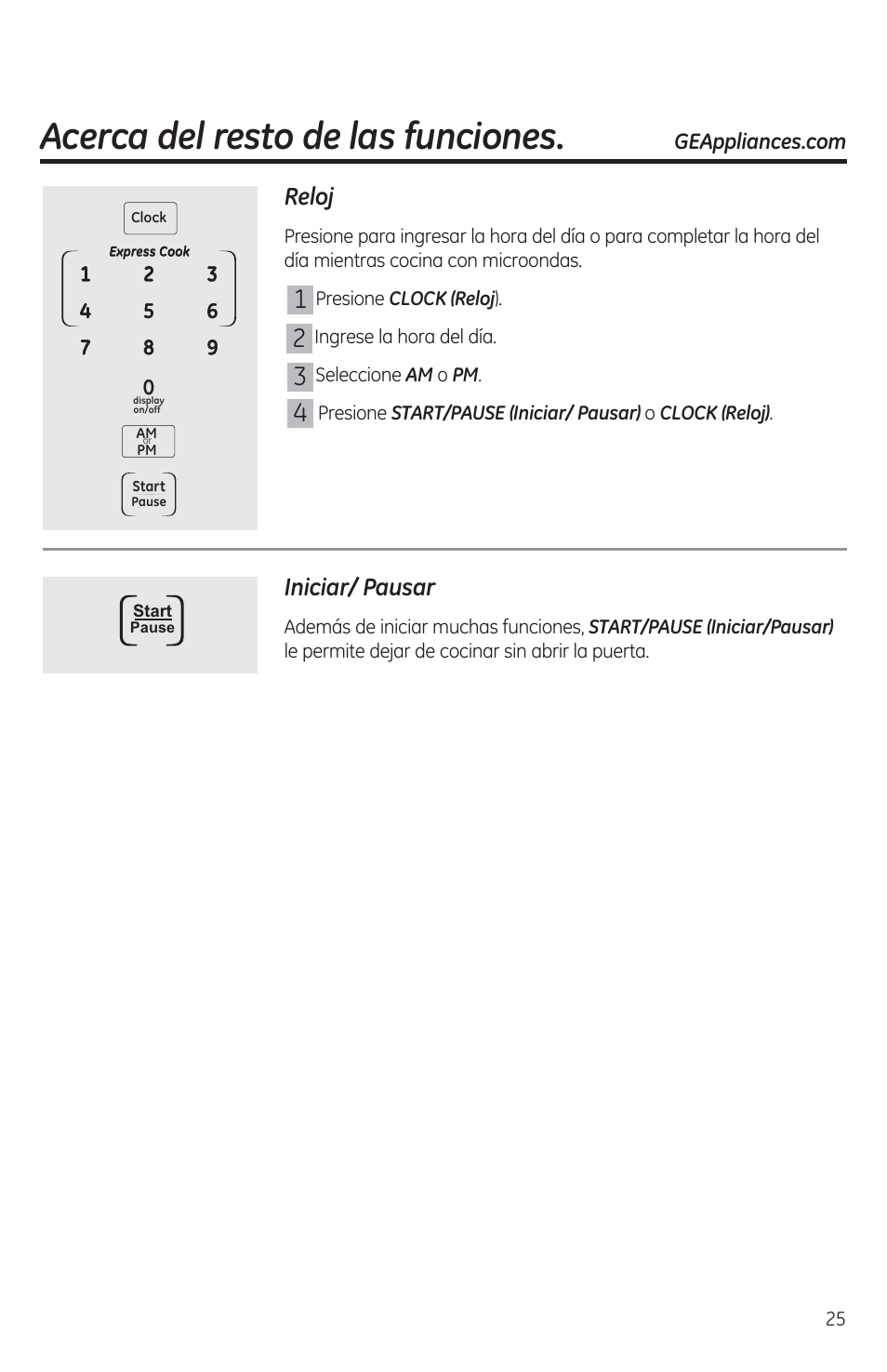 Reloj, Iniciar/ pausar, Acerca del resto de las funciones | GE JES1460DSBB User Manual | Page 61 / 72