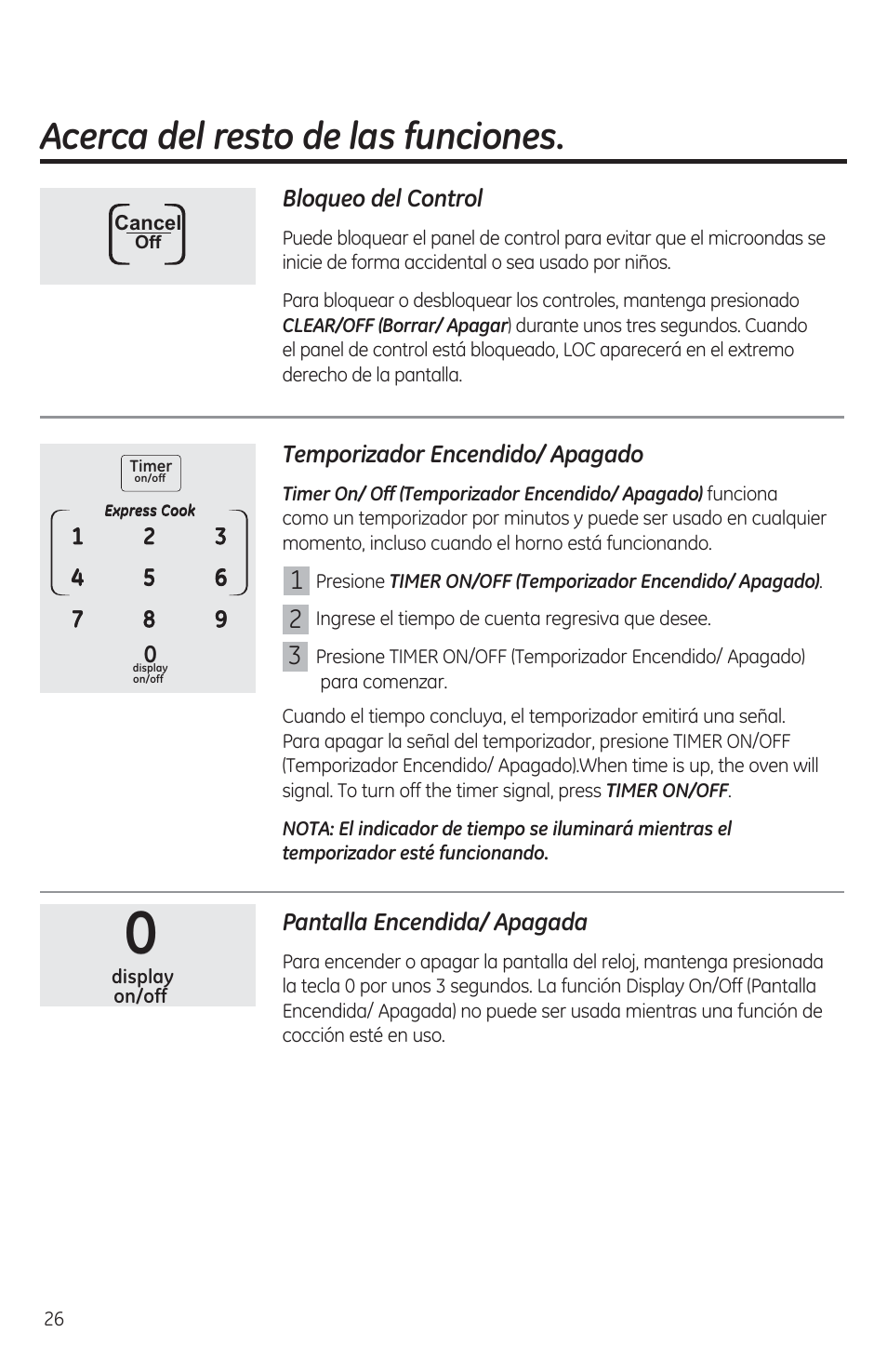 Acerca del resto de las funciones, Bloqueo del control, Temporizador encendido/apagado | Pantalla encendida/apagada | GE JES1460DSBB User Manual | Page 62 / 72