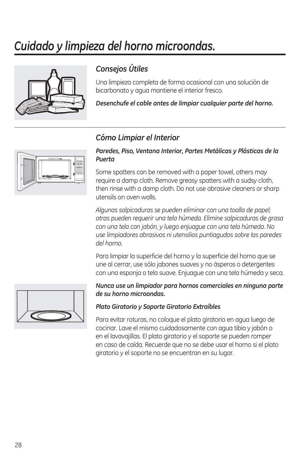 Cuidado y limpieza del horno microondas, Consejos útiles, Cómo limpiar el interior | GE JES1460DSBB User Manual | Page 64 / 72