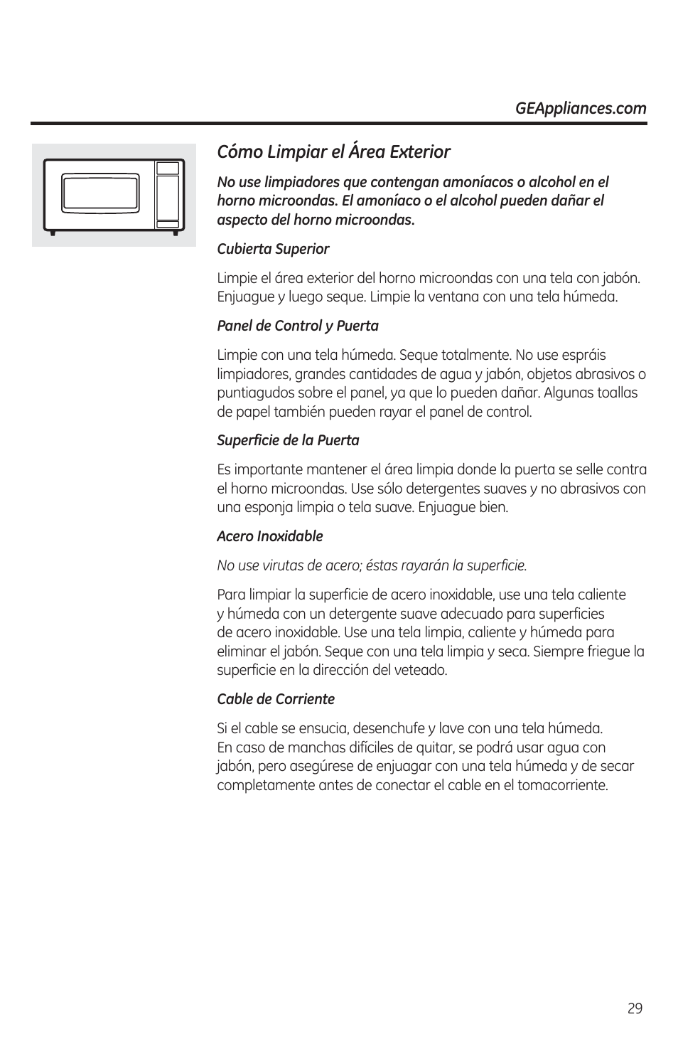 Cómo limpiar el área exterior, Acero inoxidable, Cable de corriente | GE JES1460DSBB User Manual | Page 65 / 72