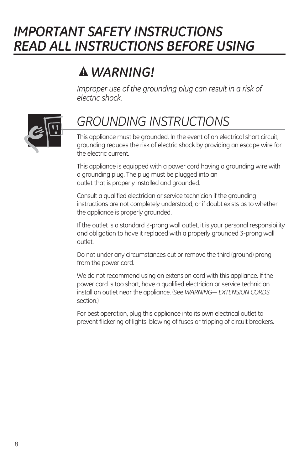 A warning, Grounding instructions, Warning | GE JES1460DSBB User Manual | Page 8 / 72