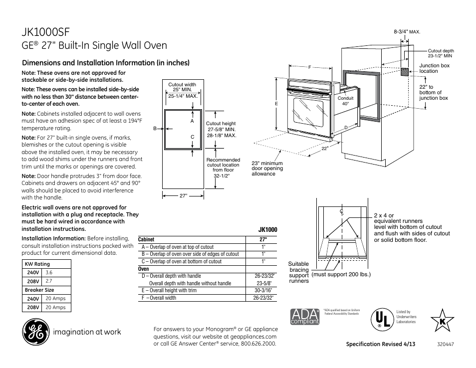 GE JK1000SFSS User Manual | 2 pages