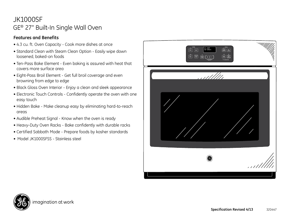 Jk1000sfss, Jk1000sf, 27" built-in single wall oven | GE JK1000SFSS User Manual | Page 2 / 2