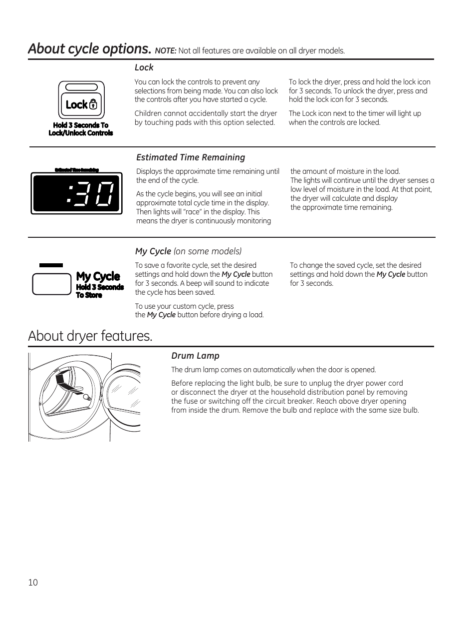 About cycle options, About dryer features | GE GFDN120GDWW User Manual | Page 10 / 60