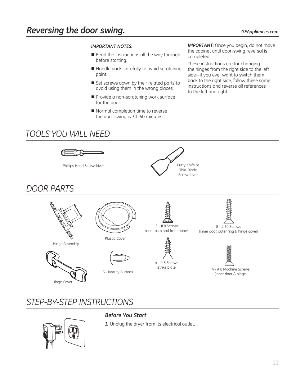 Reversing the door swing, Tools you will need, Door parts | Step-by-step instructions | GE GFDN120GDWW User Manual | Page 11 / 60