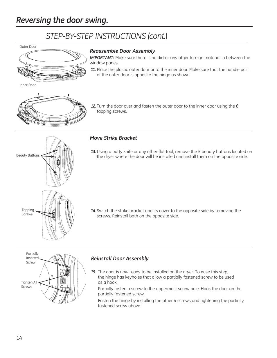 Step-by-step instructions (cont. ), Reversing the door swing | GE GFDN120GDWW User Manual | Page 14 / 60