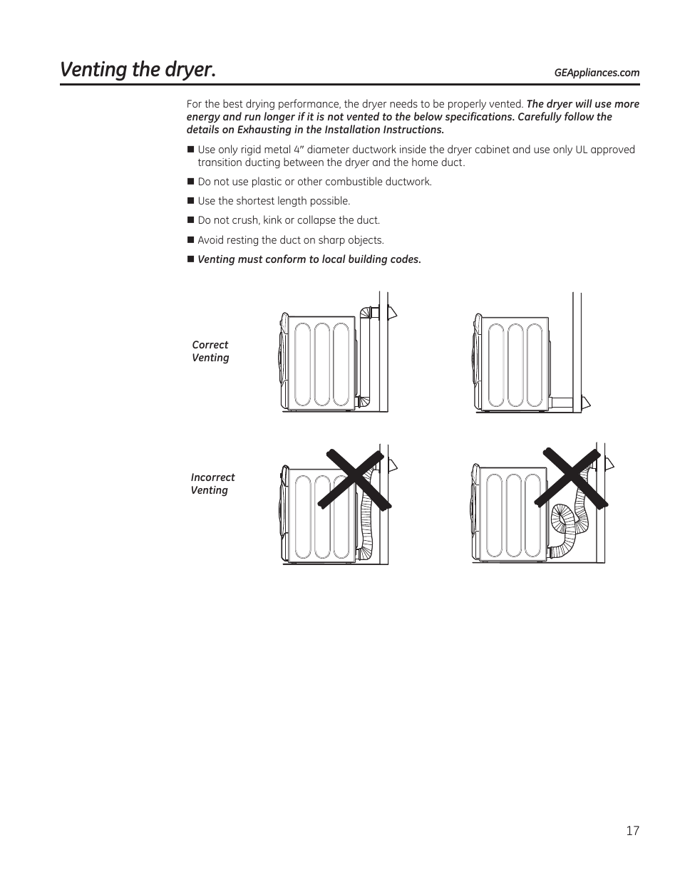 Venting the dryer | GE GFDN120GDWW User Manual | Page 17 / 60