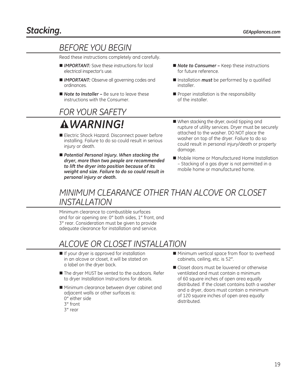 Warning, Stacking, Before you begin | For your safety, Alcove or closet installation | GE GFDN120GDWW User Manual | Page 19 / 60