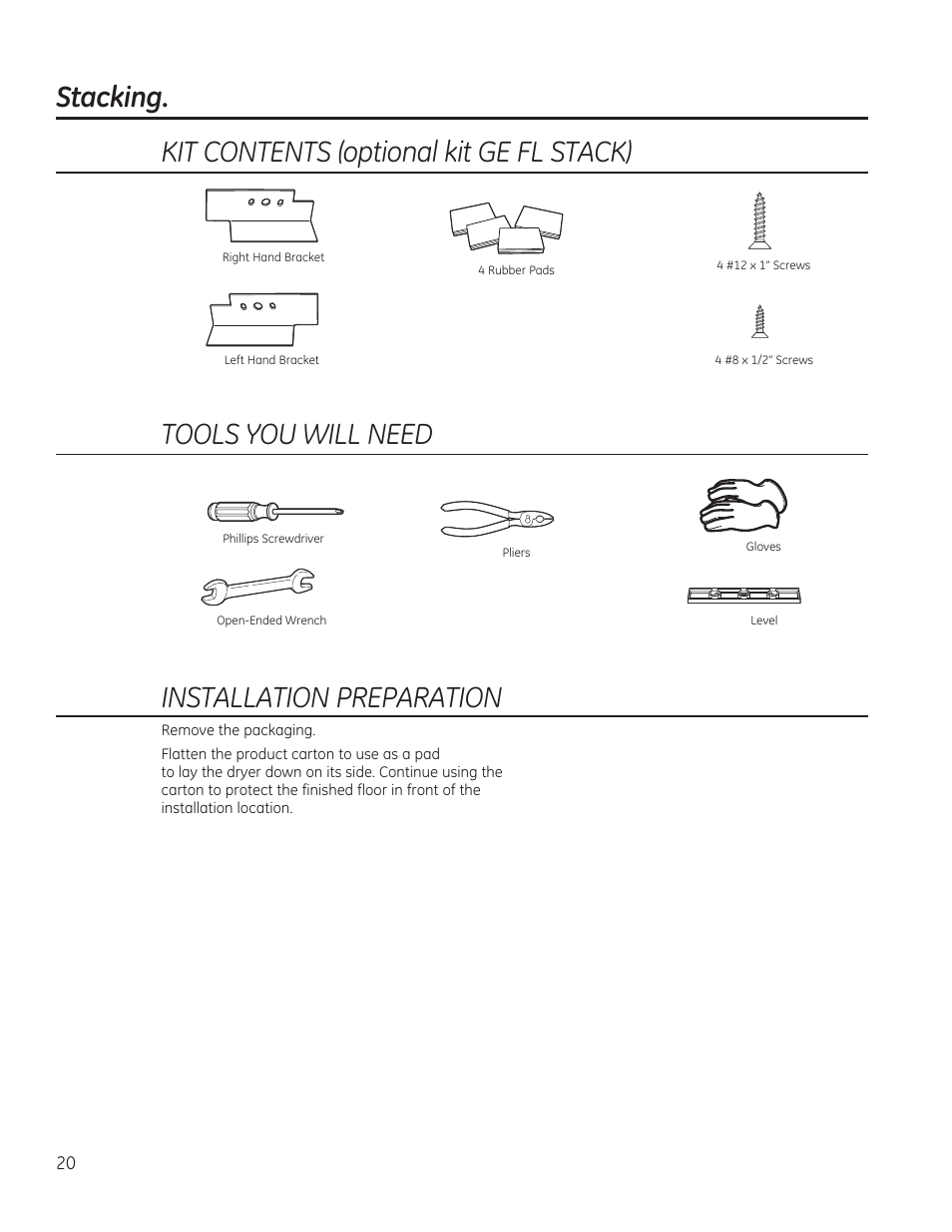 Stacking. kit contents (optional kit ge fl stack), Tools you will need, Installation preparation | GE GFDN120GDWW User Manual | Page 20 / 60