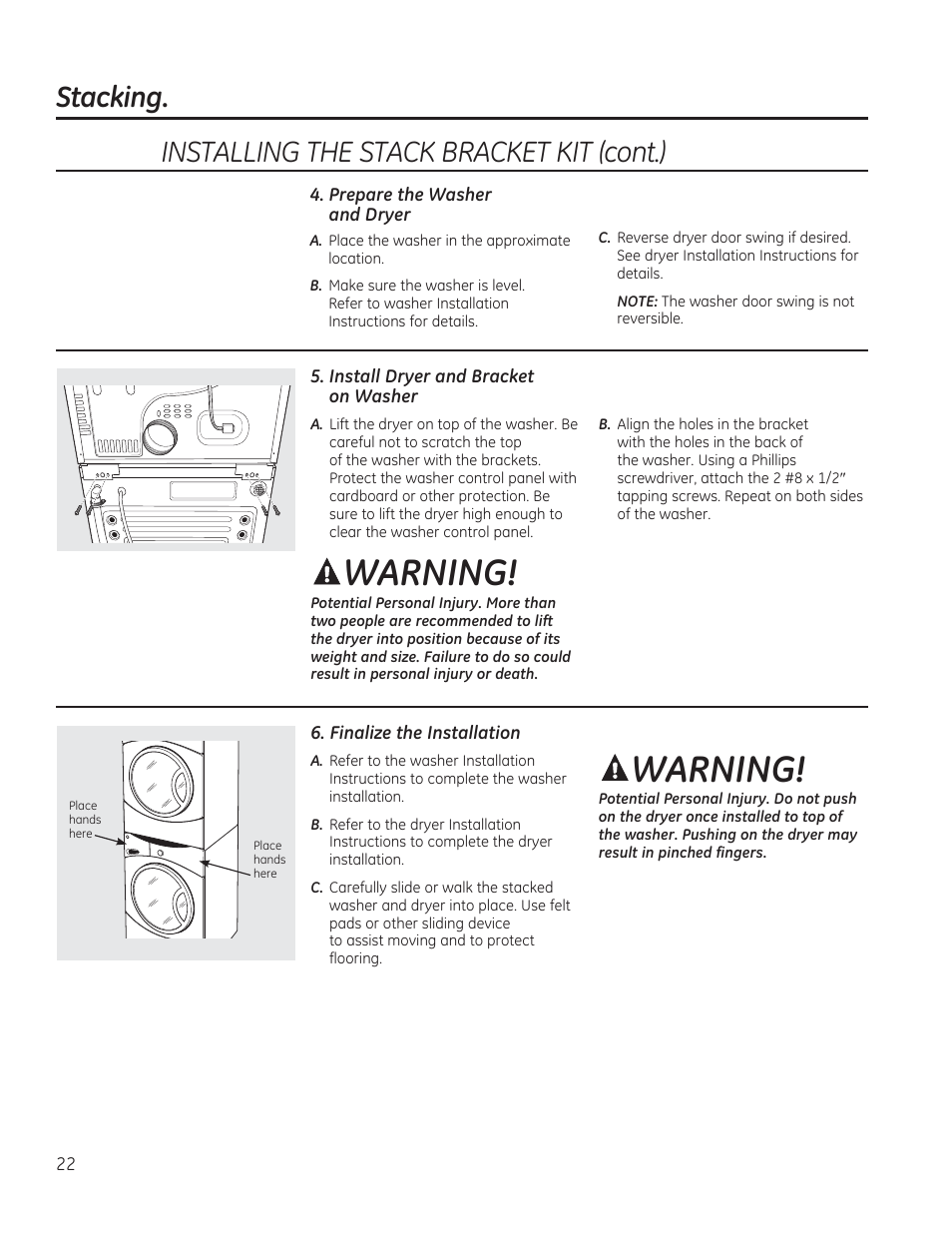 Warning, Stacking, Installing the stack bracket kit (cont.) | GE GFDN120GDWW User Manual | Page 22 / 60