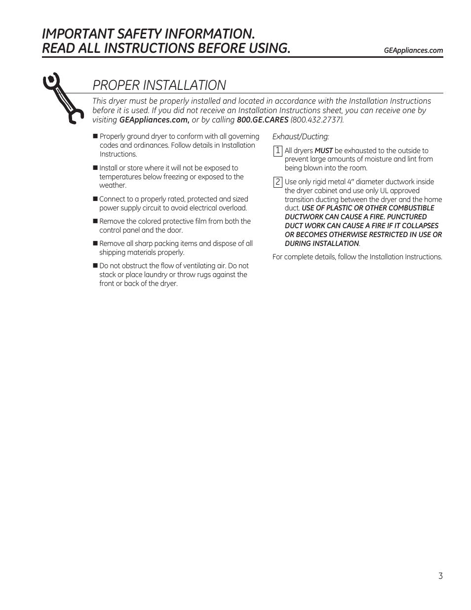 Proper installation | GE GFDN120GDWW User Manual | Page 3 / 60