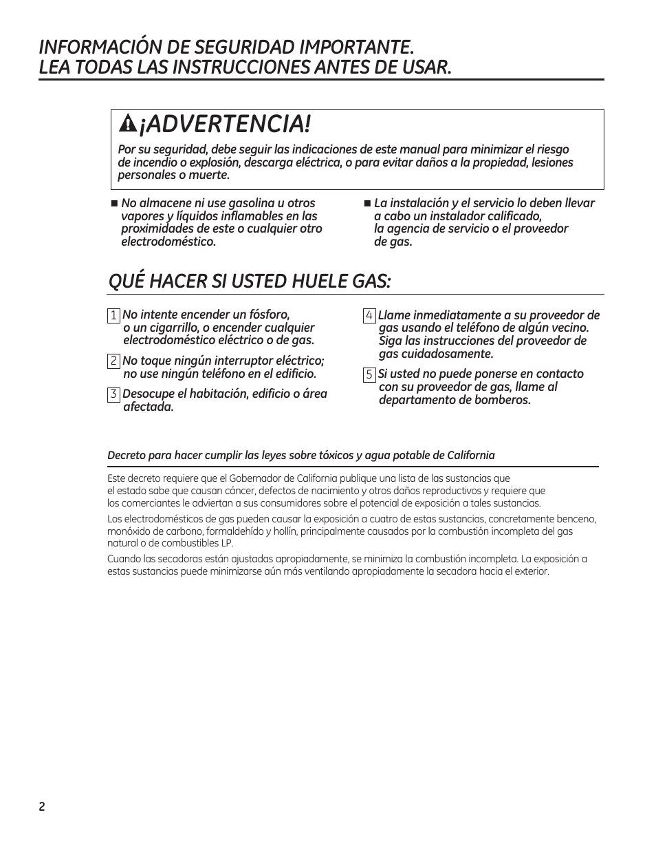 Advertencia, Qué hacer si usted huele gas | GE GFDN120GDWW User Manual | Page 32 / 60