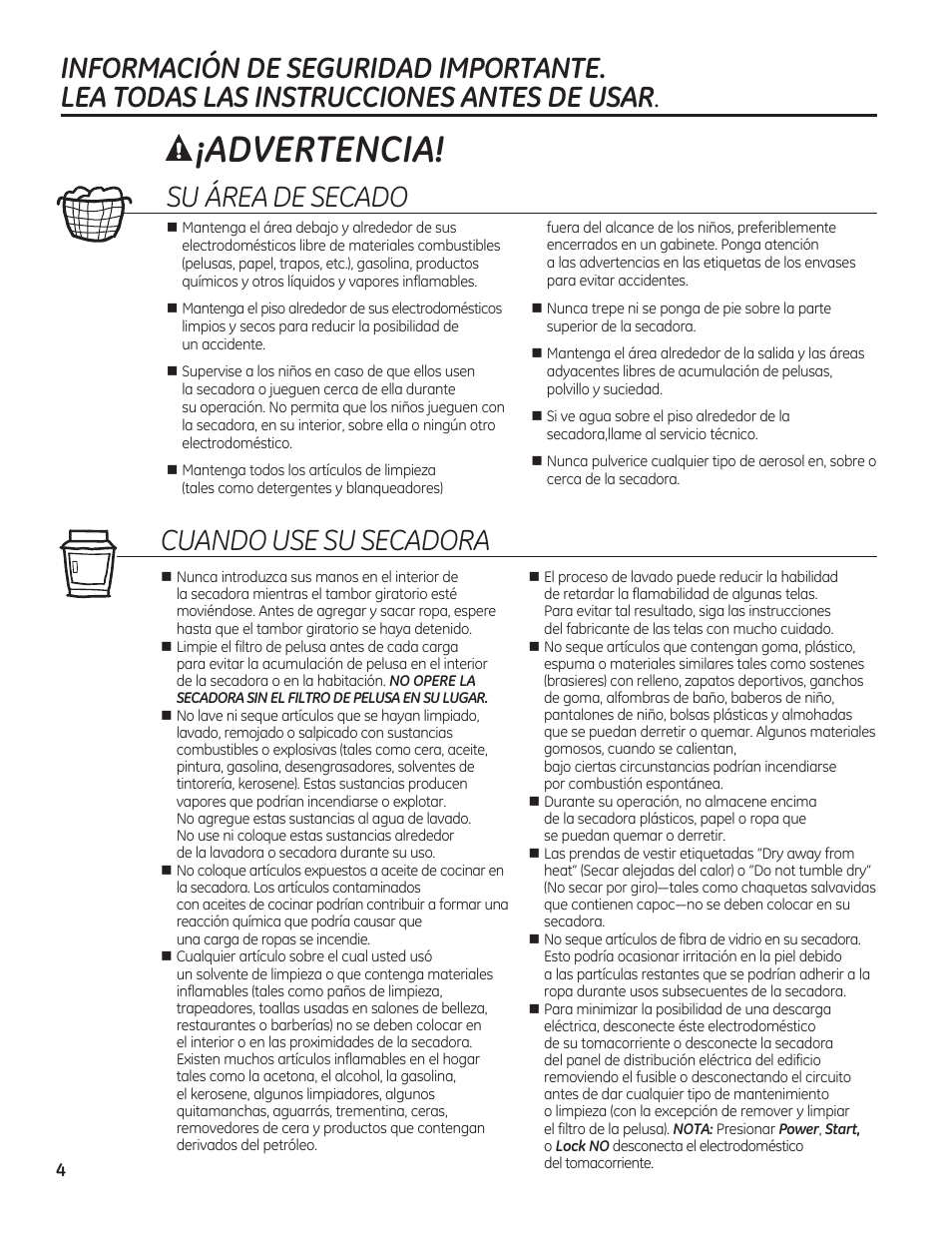 Advertencia, Su área de secado, Cuando use su secadora | GE GFDN120GDWW User Manual | Page 34 / 60