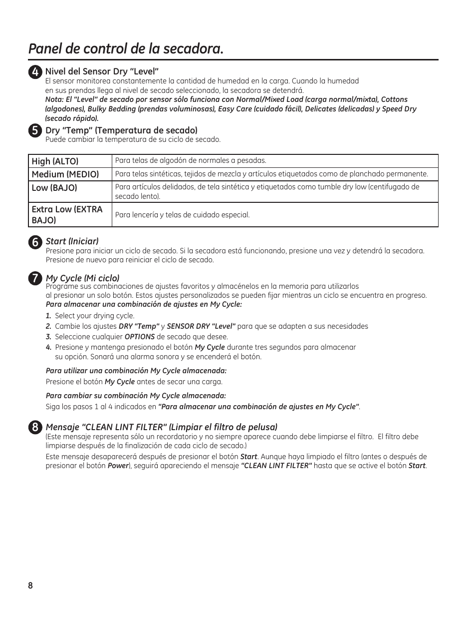 Panel de control de la secadora | GE GFDN120GDWW User Manual | Page 38 / 60