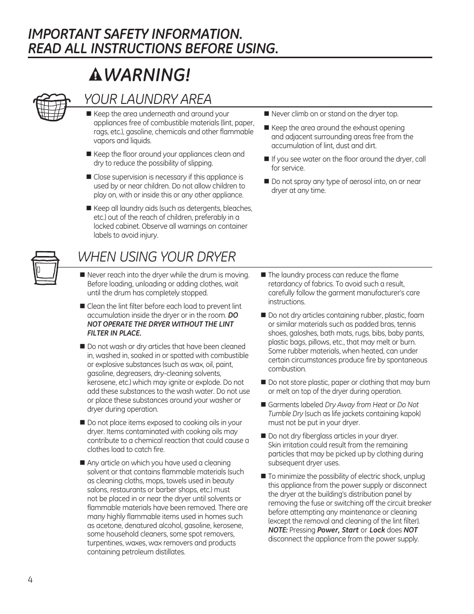 Warning, Your laundry area, When using your dryer | GE GFDN120GDWW User Manual | Page 4 / 60