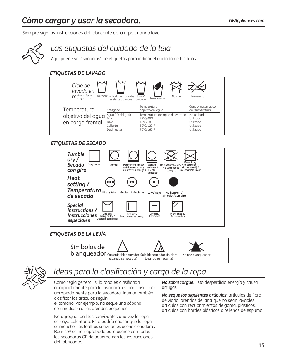 Las etiquetas del cuidado de la tela, Símbolos de blanqueador, Heat setting / temperatura de secado | Temperatura objetivo del agua en carga frontal, Ciclo de lavado en máquina, Tumble dry / secado con giro, Special instructions / instrucciones especiales | GE GFDN120GDWW User Manual | Page 45 / 60