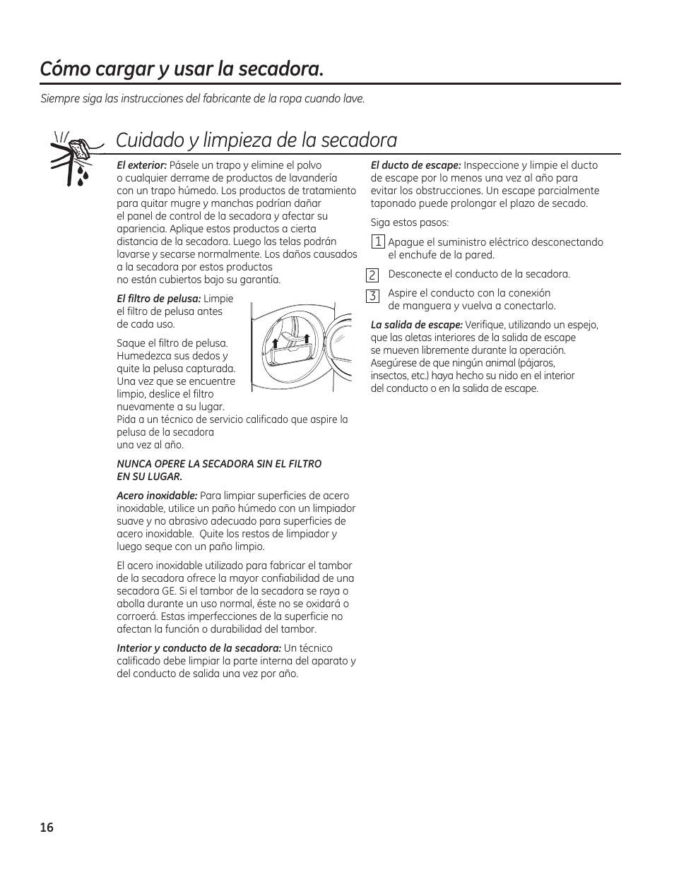 Cuidado y limpieza de la secadora, Cómo cargar y usar la secadora | GE GFDN120GDWW User Manual | Page 46 / 60