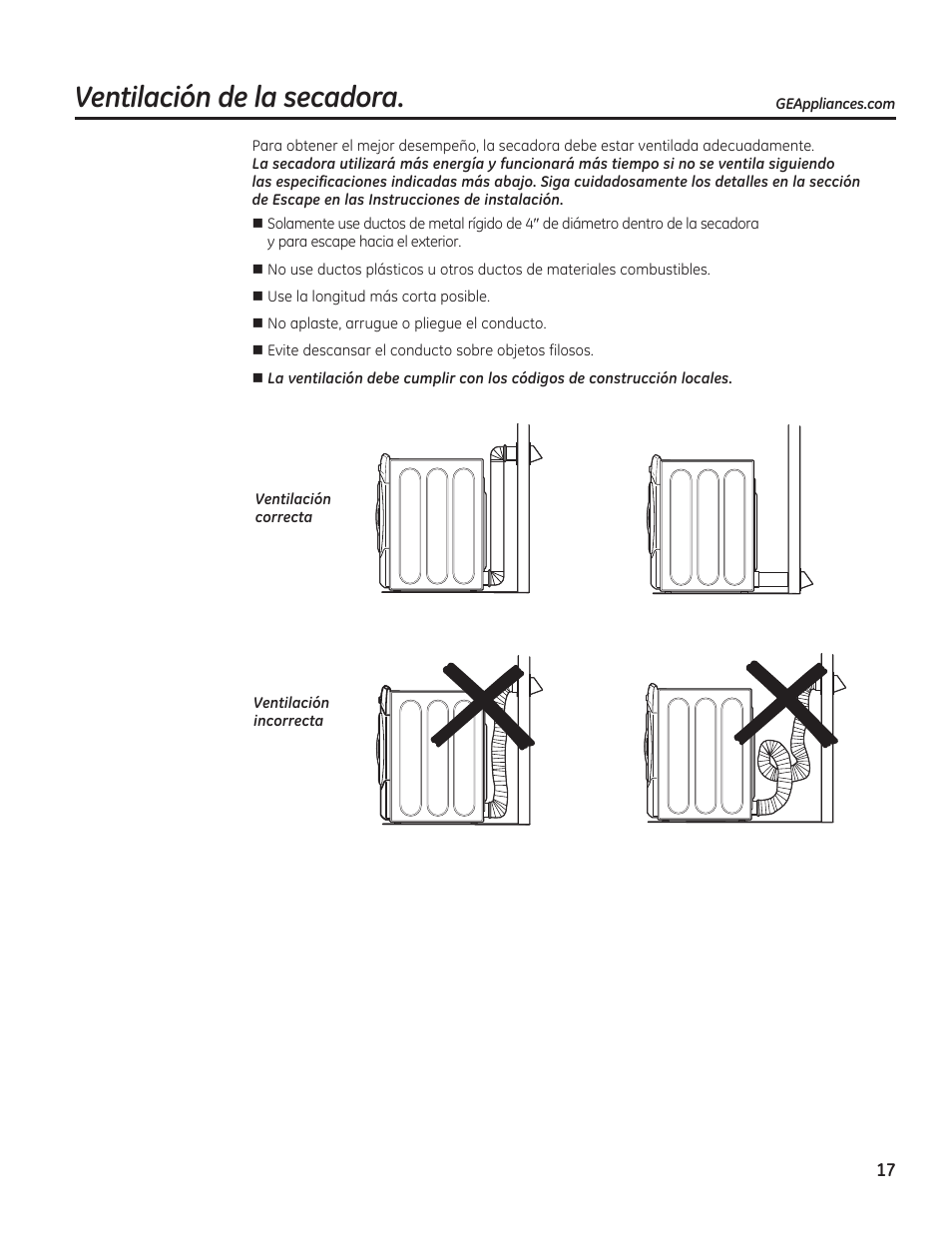 Ventilación de la secadora | GE GFDN120GDWW User Manual | Page 47 / 60