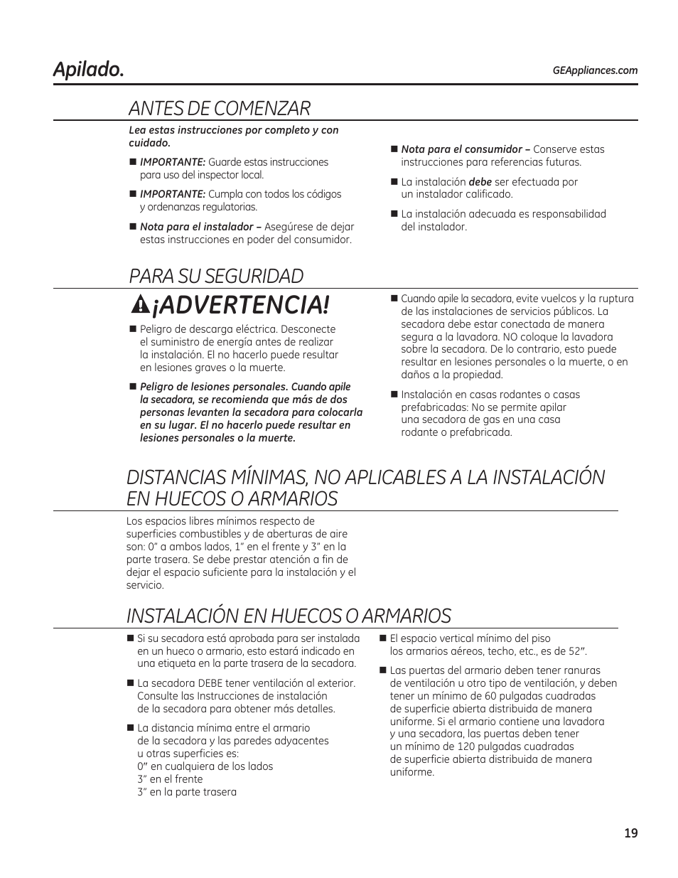 Advertencia, Apilado. antes de comenzar, Para su seguridad | Instalación en huecos o armarios | GE GFDN120GDWW User Manual | Page 49 / 60