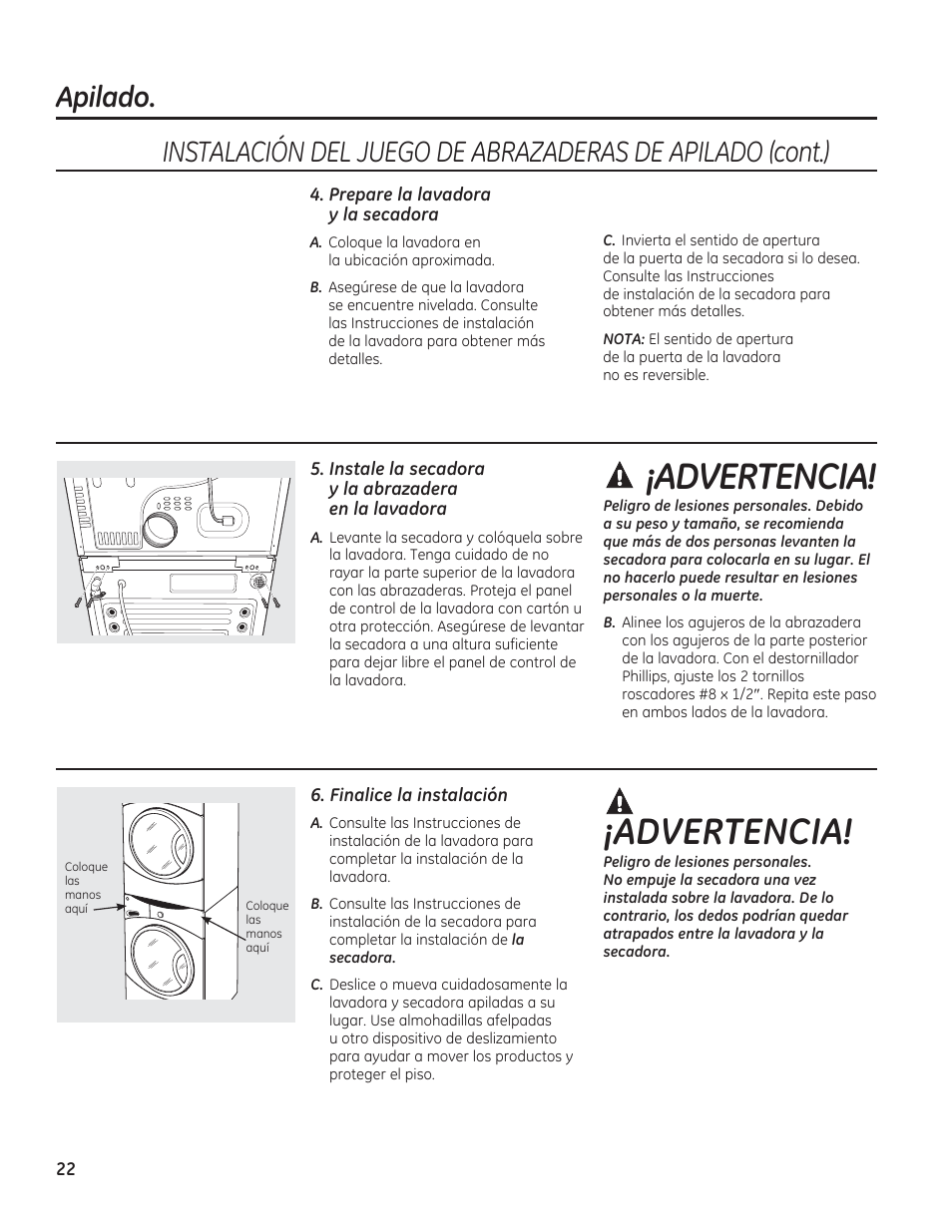 Advertencia, Apilado | GE GFDN120GDWW User Manual | Page 52 / 60