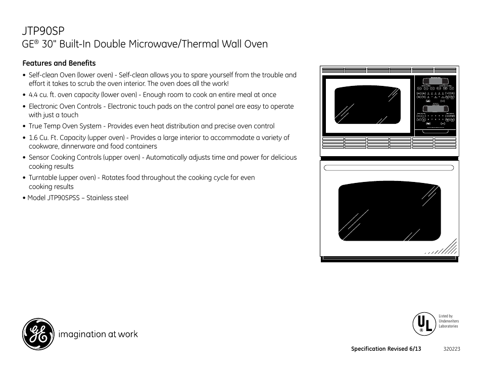 Jtp90sp, 30" built-in double microwave/thermal wall oven, Jtp90sm | GE JTP90SPSS User Manual | Page 2 / 2