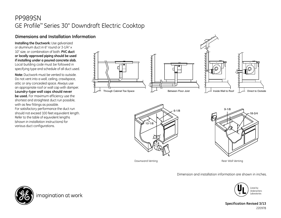 Pp989sn, Ge profile, Series 30" downdraft electric cooktop | GE PP989SNSS User Manual | Page 2 / 3