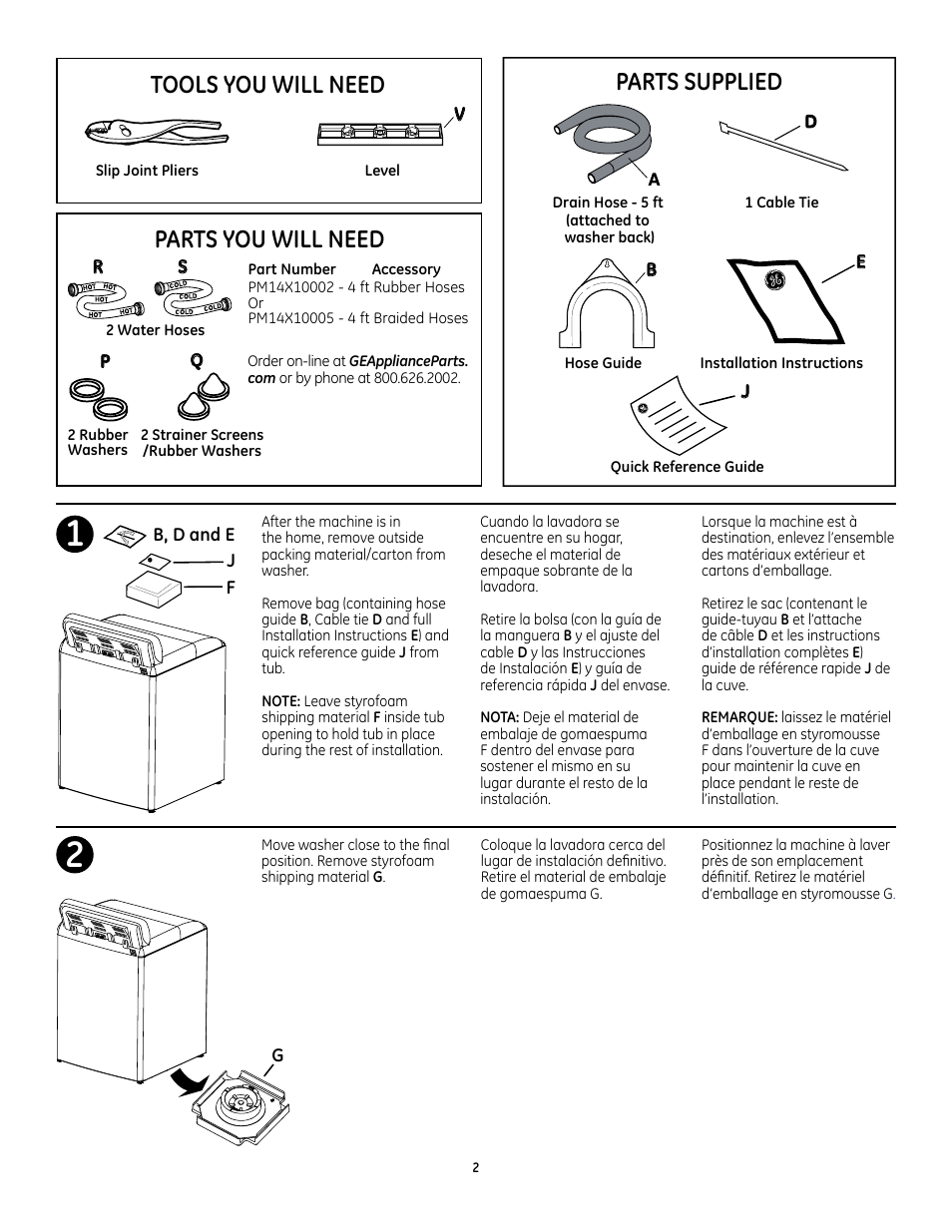 Parts supplied, Tools you will need, Parts you will need | GE GTWS8655DMC User Manual | Page 2 / 8