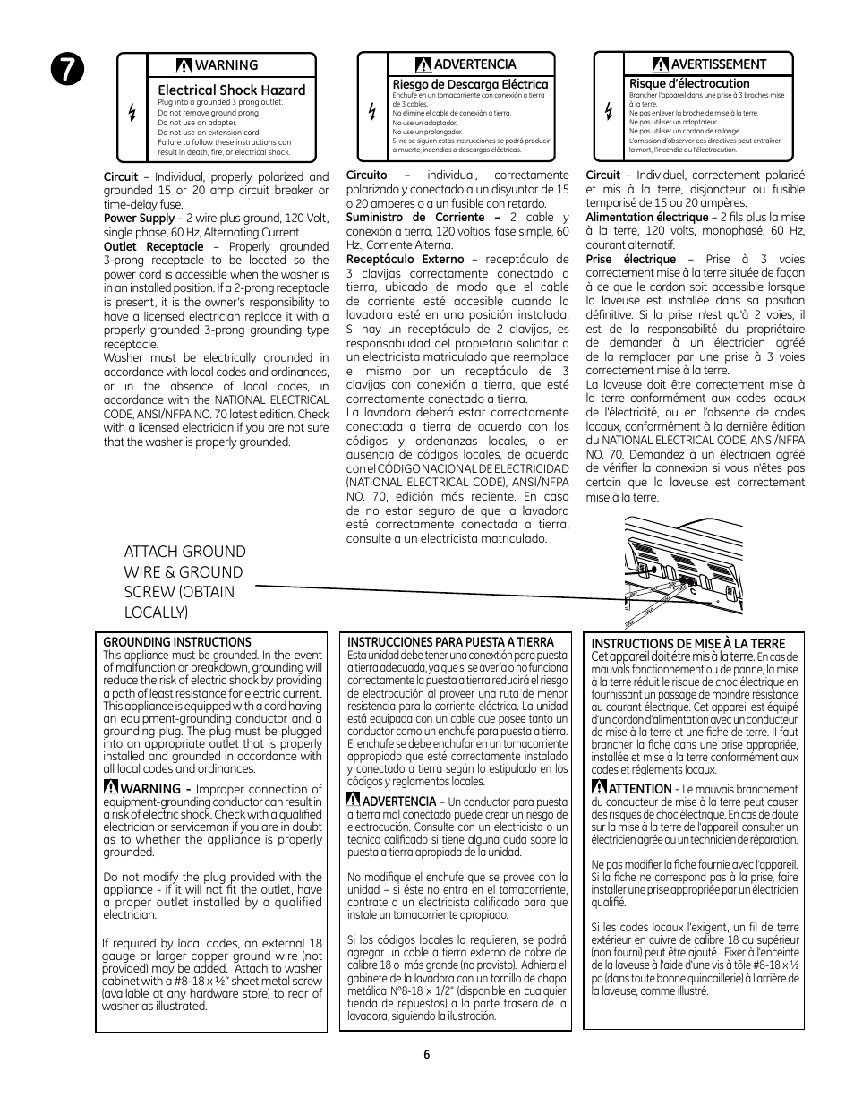 Attach ground wire & ground screw (obtain /2 | GE GTWS8655DMC User Manual | Page 6 / 8