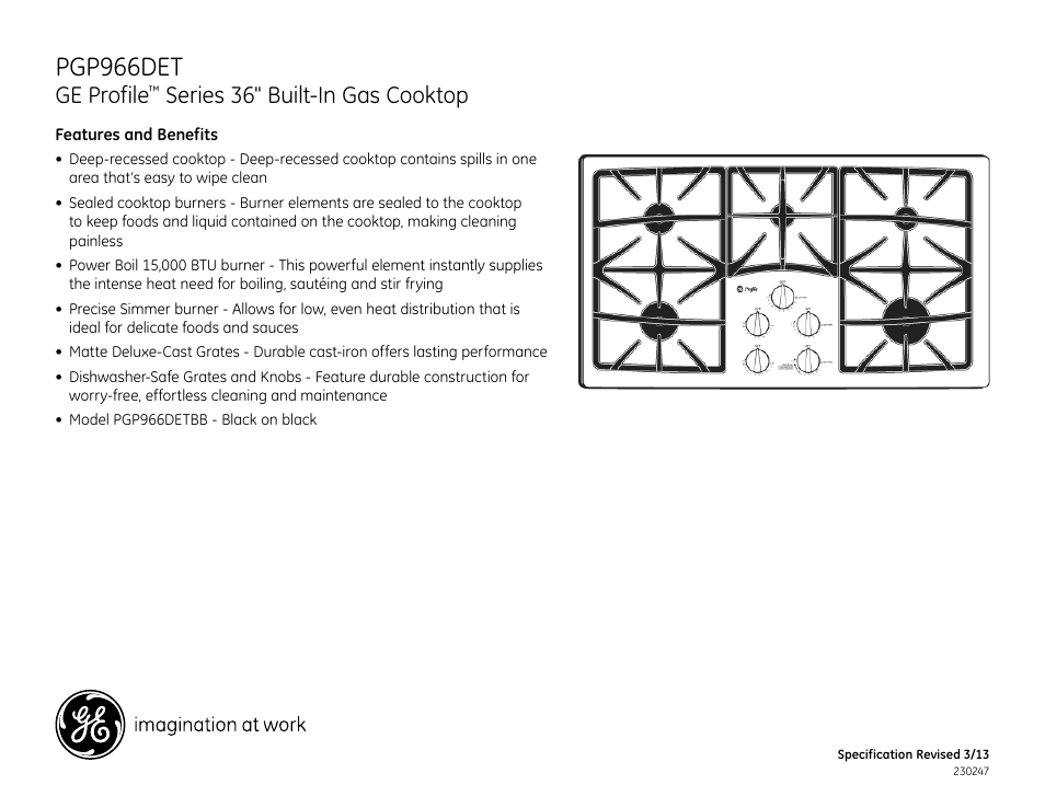 Pgp966det, Ge profile, Series 36" built-in gas cooktop | GE PGP966DETBB User Manual | Page 2 / 2