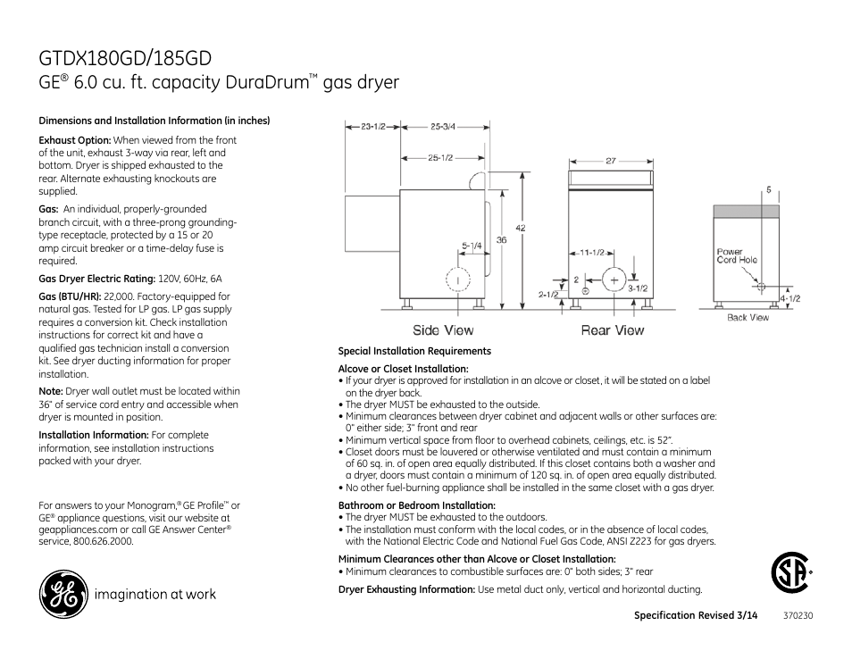 GE GTDX185GDCC User Manual | 3 pages