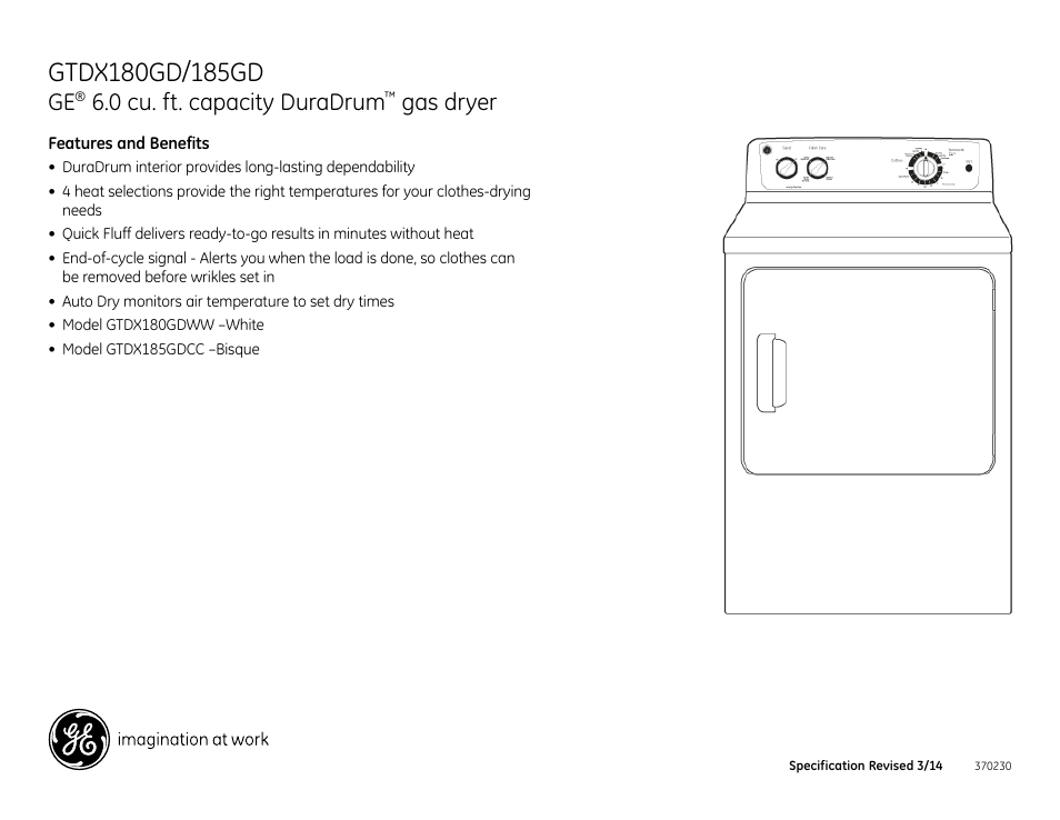 0 cu. ft. capacity duradrum, Gas dryer | GE GTDX185GDCC User Manual | Page 3 / 3