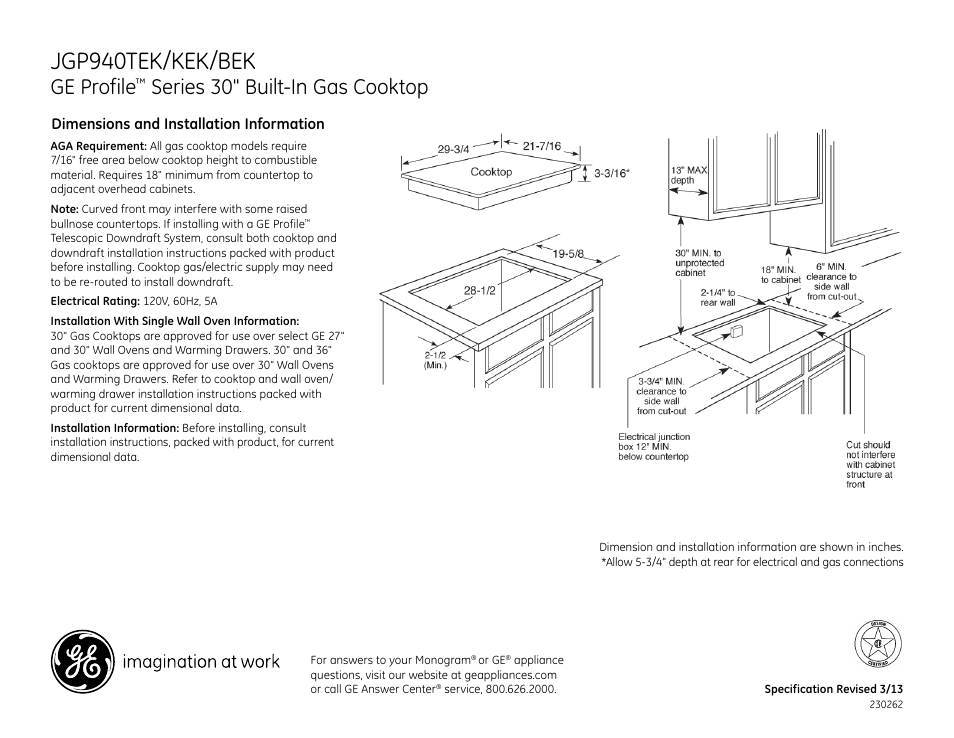GE JGP940TEKWW User Manual | 2 pages